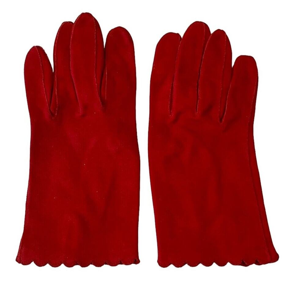 ARIS RED Suede GLOVES Washable Size 7 Made In Germany Vintage Scalloped Cuff